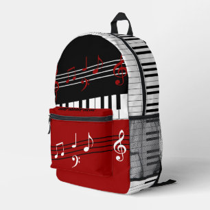 Personailized Red Black White Piano Keys and Notes Printed Backpack