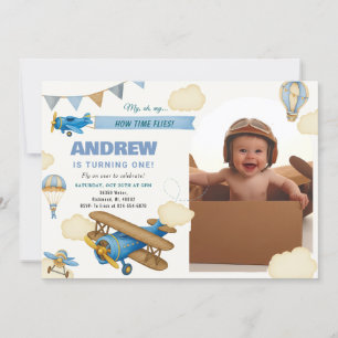 Personal Aeroplane 1st Birthday for boy with Photo Invitation