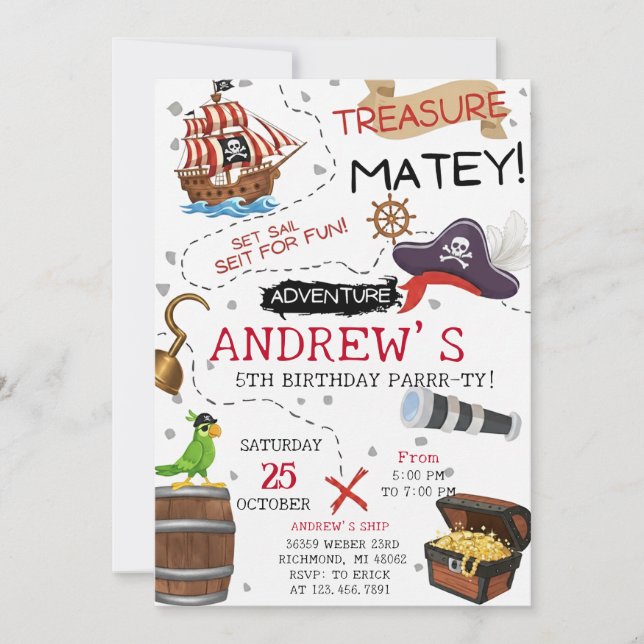 Personal Ahoy Mateys Pirate Ship Birthday Party Invitation (Front)