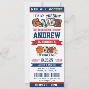 Personal All Star Sport Birthday Ticket for kid Invitation