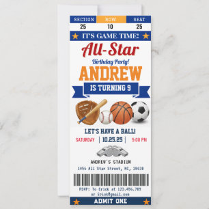 Personal All Star Sport Birthday Ticket for kid Invitation