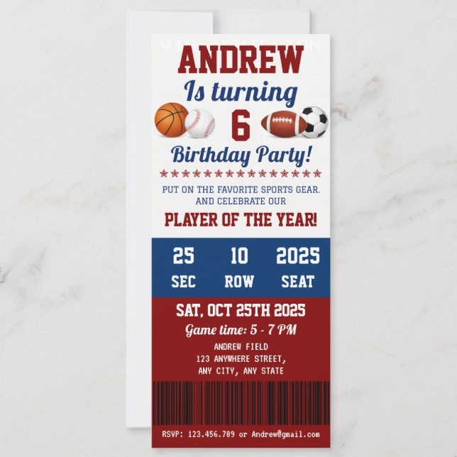 Personal All Star Sport First Birthday Invitation (Front)