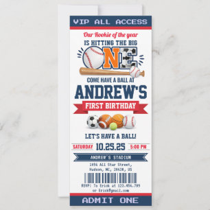 Personal All Star Sport First Birthday Ticket Invitation
