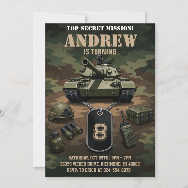 Personal Army Military Tank Birthday Invitation (Front)