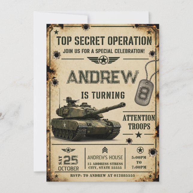 Personal Army Tank Birthday Invitation (Front)