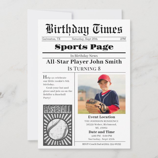 Personal Baseball Birthday Invitation With Photo (Front)