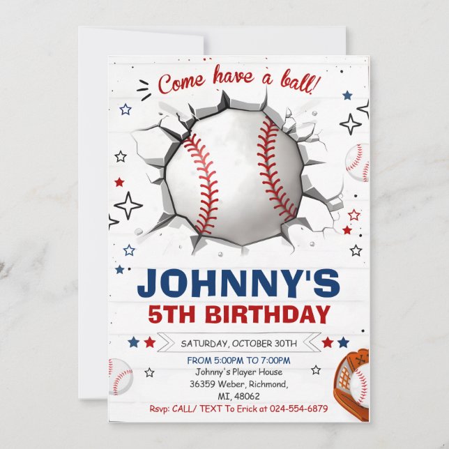 Personal Baseball Birthday Party Invitation (Front)