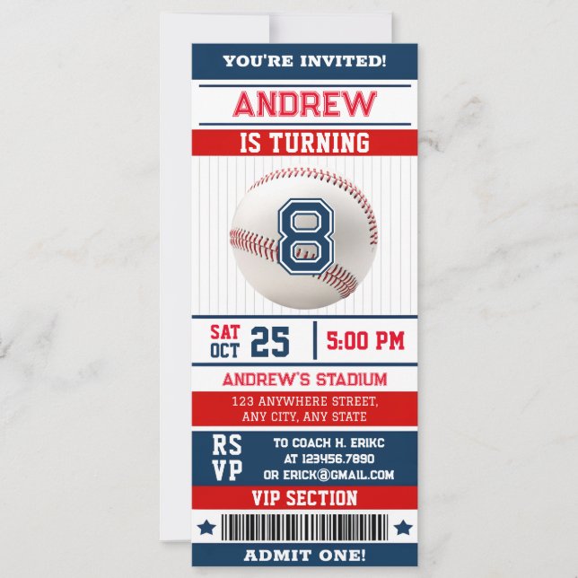 Personal Baseball Birthday Party Invite Ticket (Front)