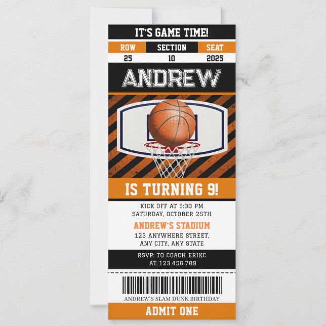 Personal Basketball Birthday Sports Ticket Invitation (Front)