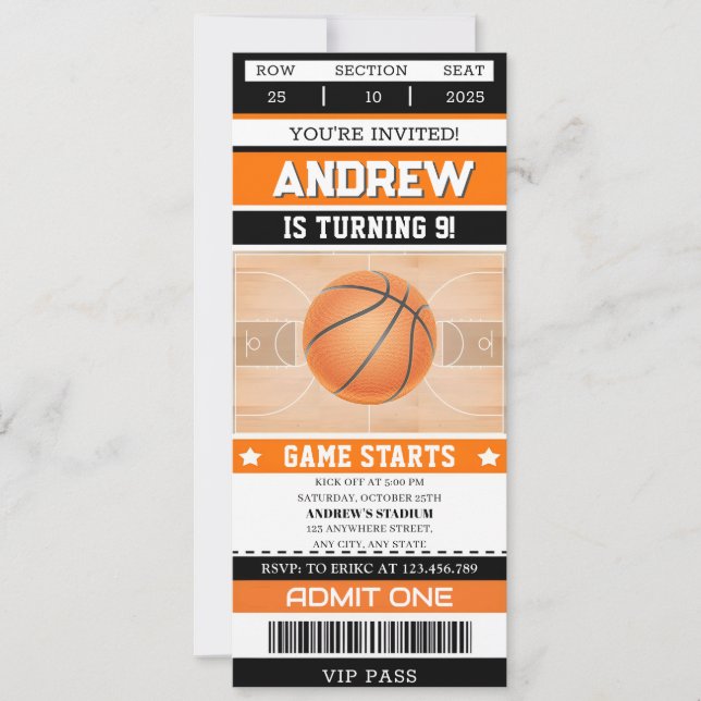 Personal Basketball Birthday Ticket ANY Age Party  Invitation (Front)