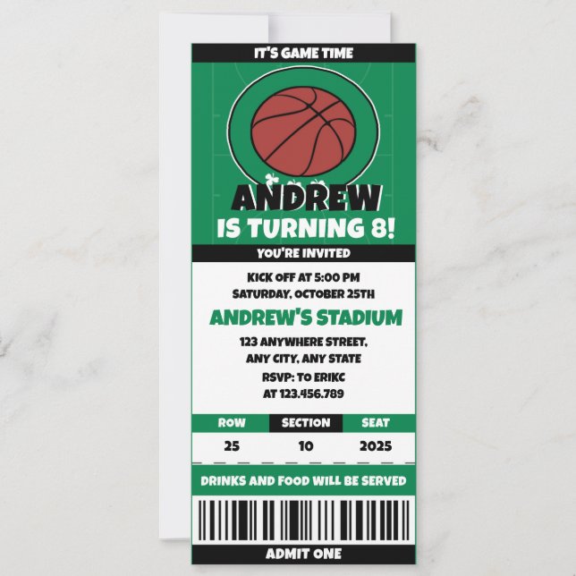 Personal Basketball Fan's Birthday Ticket Invitation (Front)