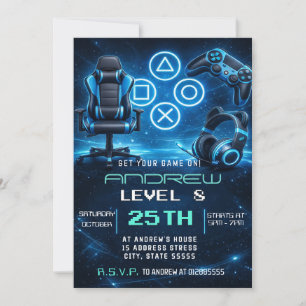 Personal Blue Gaming Birthday Party  Invitation