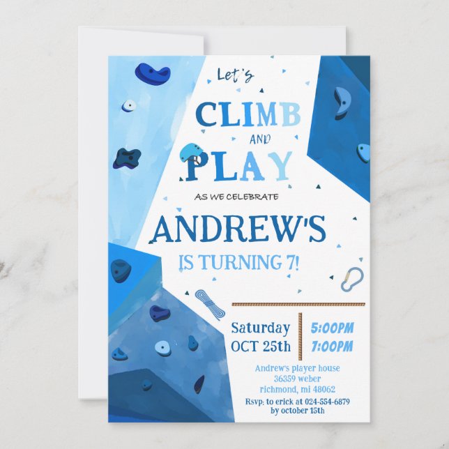 Personal Blue Rock Climbing Birthday Party Invitation (Front)