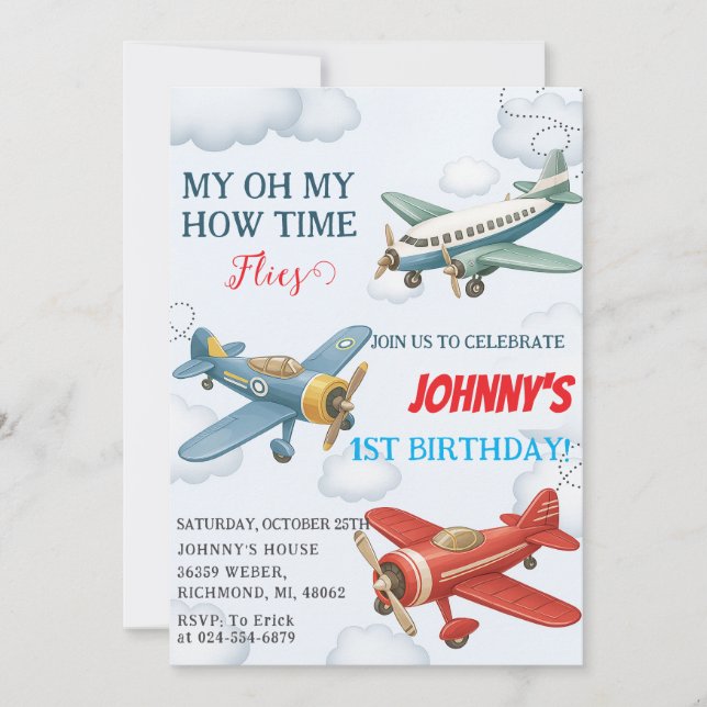 Personal Boy 1st Aeroplane kid Birthday Invitation (Front)