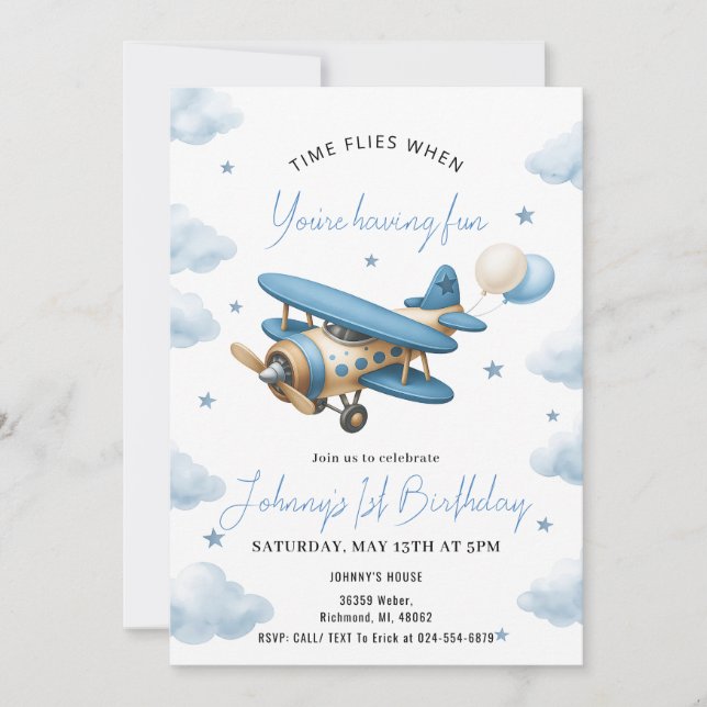 Personal Boy Aeroplane 1st Birthday Invitation (Front)