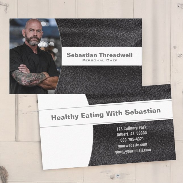 Personal Chef Black Leather Custom Photo Business Card (business card front and back)