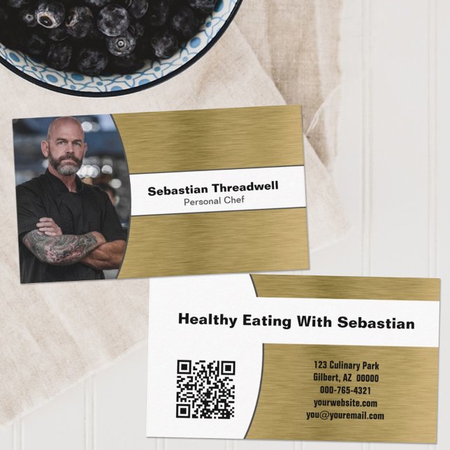 Personal Chef Brushed Brass Custom Photo QR Code Business Card (Creator Uploaded)