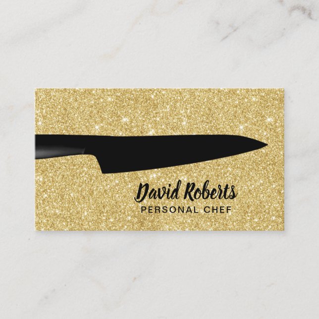 Personal Chef Catering Black Knife Gold Glitter Business Card (Front)