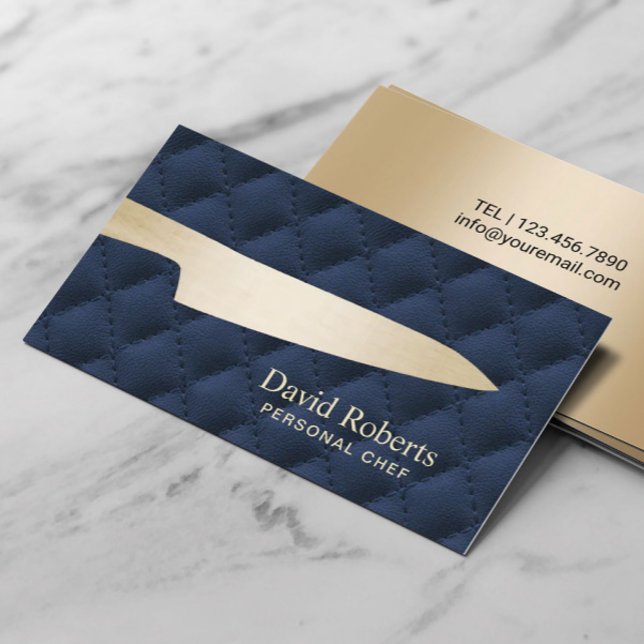 Personal Chef Catering Gold Knife Navy Blue Business Card (Creator Uploaded)