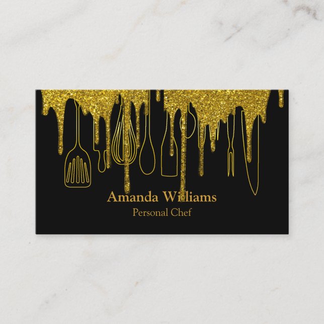 Personal Chef Catering Kitchen Utensils Gold Drip Business Card (Front)