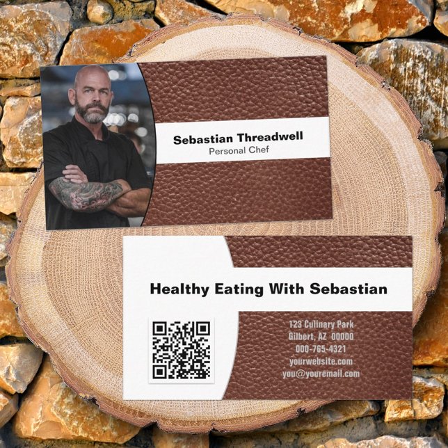 Personal Chef Custom Photo Brown Leather QR Code Business Card (front and back of double-sided business card)