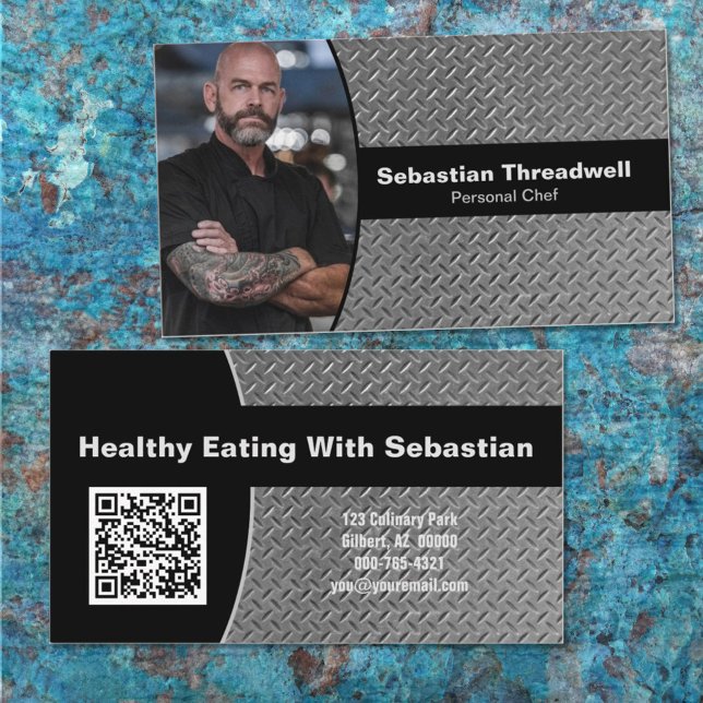 Personal Chef Diamond Plate Custom Photo QR Code Business Card (Creator Uploaded)