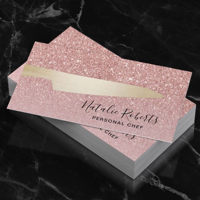 Personal Chef Gold Knife Modern Rose Gold Glitter Business Card (Creator Uploaded)