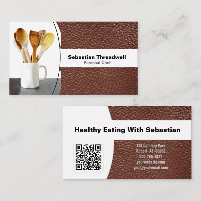 Personal Chef Leather Custom Photo QR Code Business Card (Front/Back)