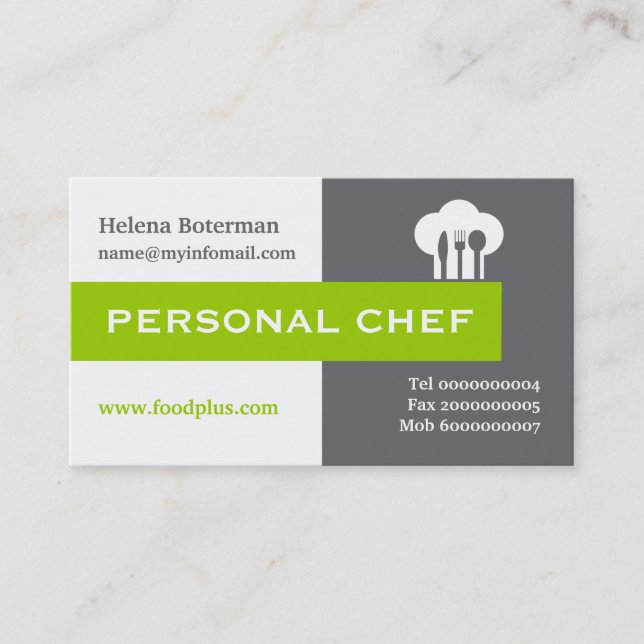 Personal chef minimalist grey, white, green business card (Front)