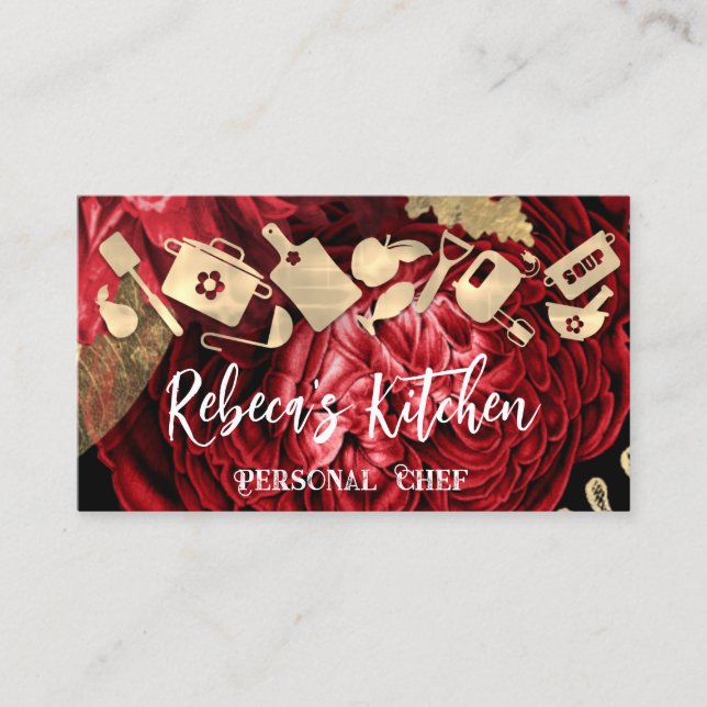 Personal Chef Restaurant Catering QR Logo Red Rose Business Card (Front)