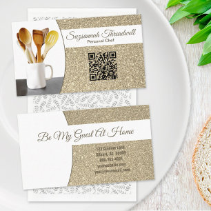 Personal Chef Subtle Gold Glitter Custom Photo QR Business Card