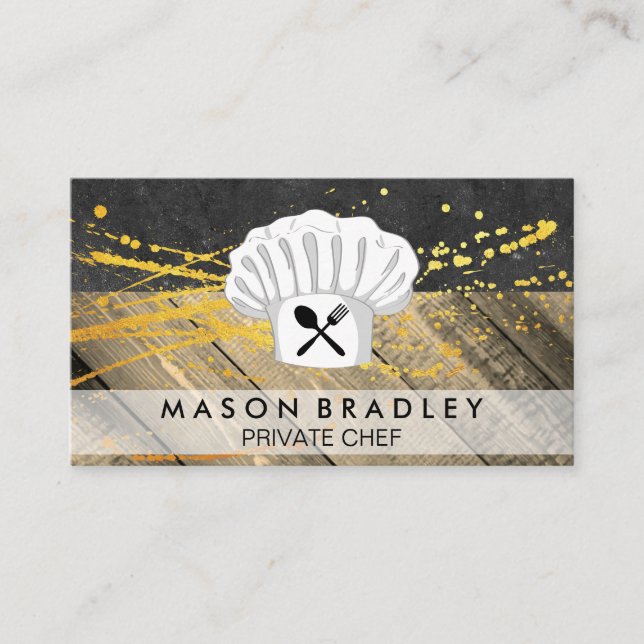 Personal Chef Wood Panel Slate Gold Spatter Business Card (Front)