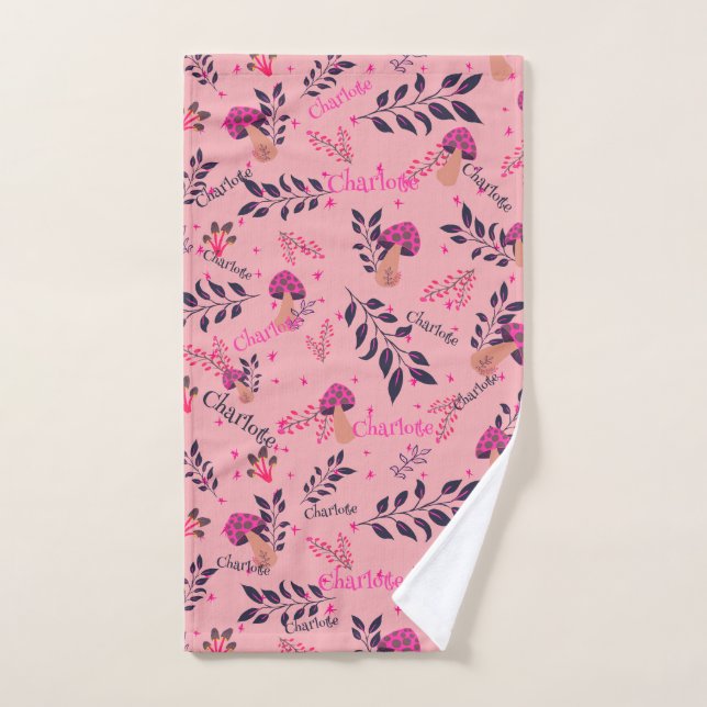 Personal Child's Name Pink Mushrooms and Forest  Hand Towel (Hand Towel)