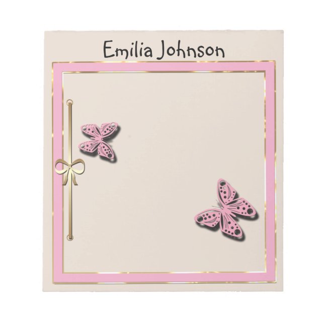 Personal, colourful, pink, butterfly notepad (Front)