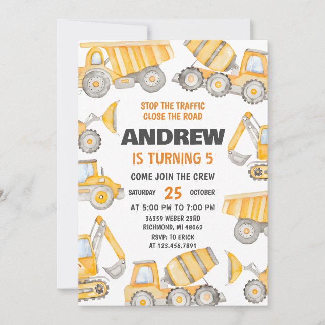 Personal Construction Boys Modern Birthday Party  Invitation (Front)