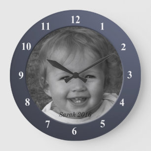 Personal Custom Photo and Text Blue Frame Large Clock