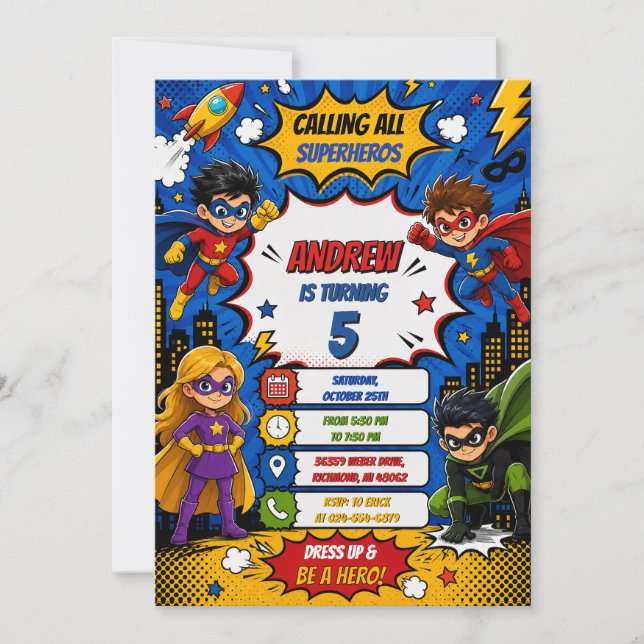 Personal Digital Comic Book Superhero Birthday Invitation (Front)
