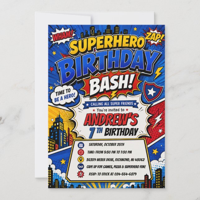 Personal Digital Comic Superhero Birthday Boys  Invitation (Front)
