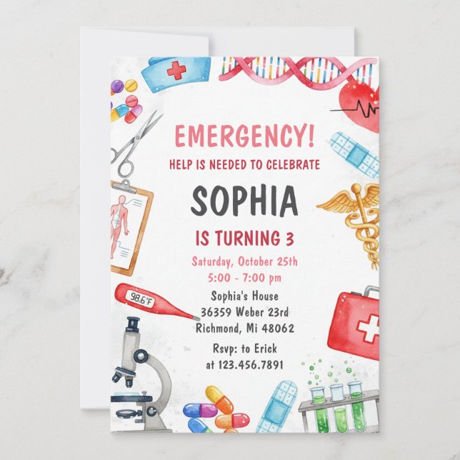 Personal Digital Pink Kids Medical Birthday Party Invitation (Front)