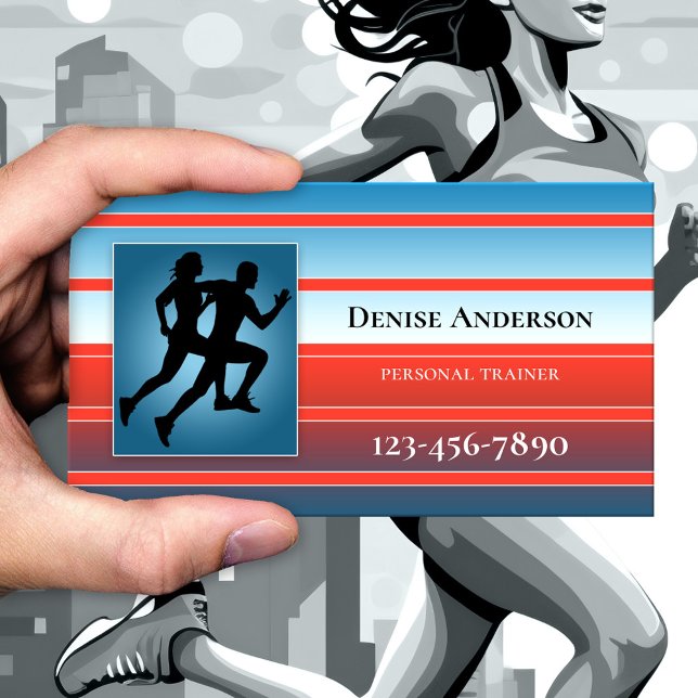 Personal Fitness Trainer Appointment Business Card (Sports appointment business card featuring joggers on a red and blue striped design - athletic)
