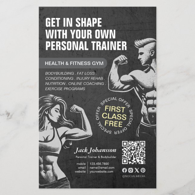 Personal Fitness Trainer Bodybuilding Gym Coach BW Flyer (Front)