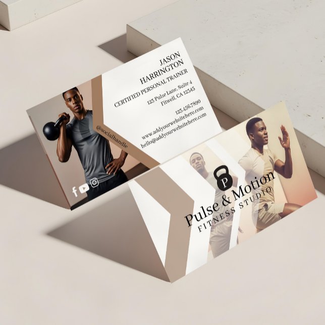 Personal Fitness Trainer Kettlebell Monogram Photo Business Card (Modern Sporty Fitness Kettlebell Monogram Photos Business Card)
