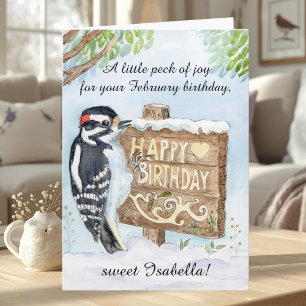 Personal Happy February Birthday Downy Woodpecker Card