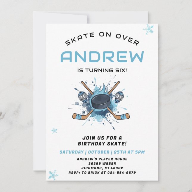 Personal Hockey Theme Birthday Party Invitation (Front)