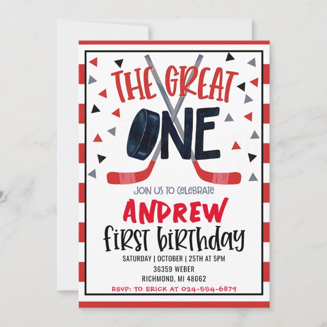 Personal Hockey Theme First Birthday Invitation (Front)