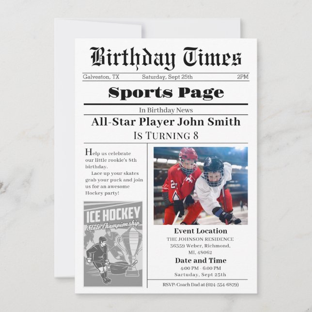 Personal Ice Hockey Birthday Invitation With Photo (Front)