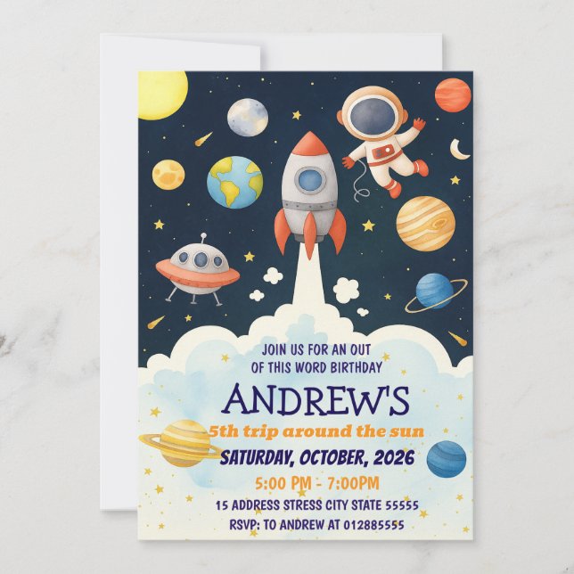 Personal Kids Outer Rocket Ship Astronaut Birthday Invitation (Front)