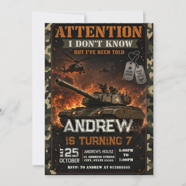 Personal Military Tank Birthday Invitation (Front)