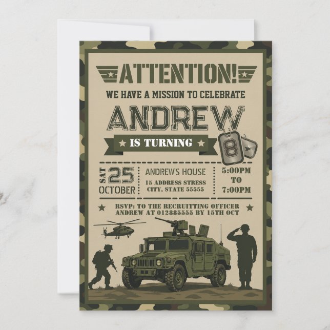 Personal modern Army Birthday for boy Invitation (Front)