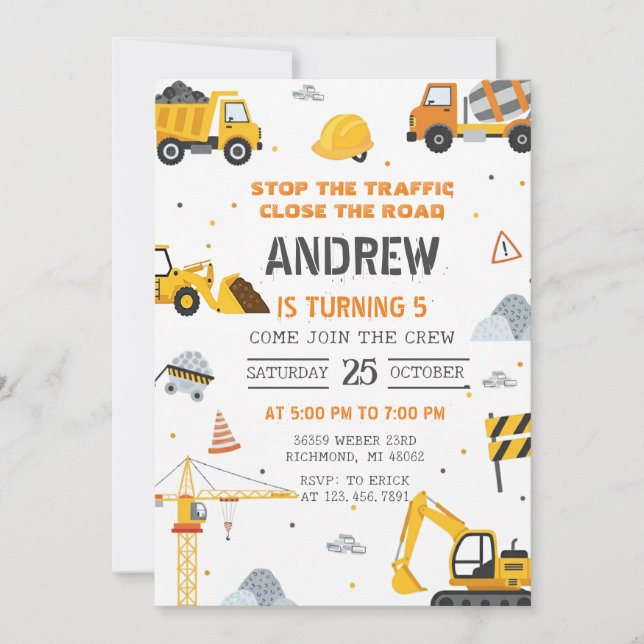 Personal Modern Construction Birthday Party Invitation (Front)